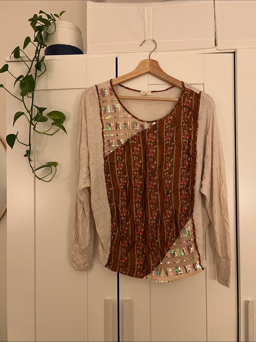 Anthropologie Boho Patchwork Sequin-Accent Long Sleeve Top - Beige & Brown